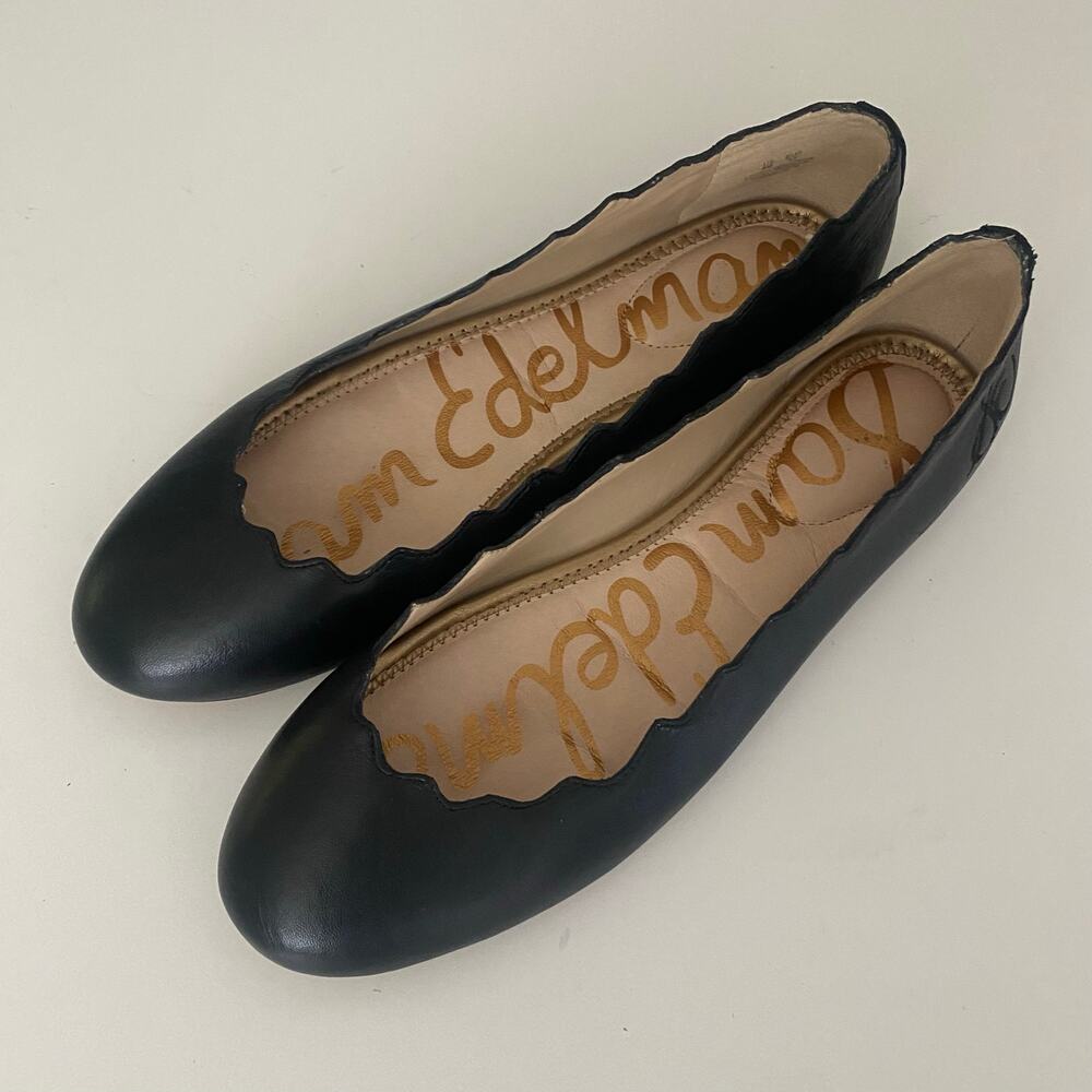 Sam Edelman Francis Ballet Flat Ballerina Black Round Toe Leather Scalloped 7.5 - Picture 5 of 8